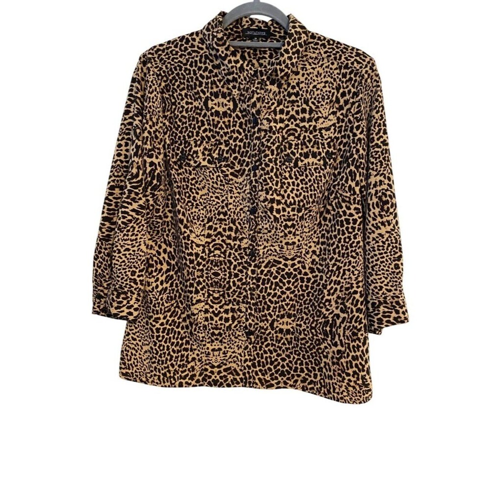Notations Women’s M Black Tan Leopard Print Button-Up Shirt 3/4 Sleeves Pockets